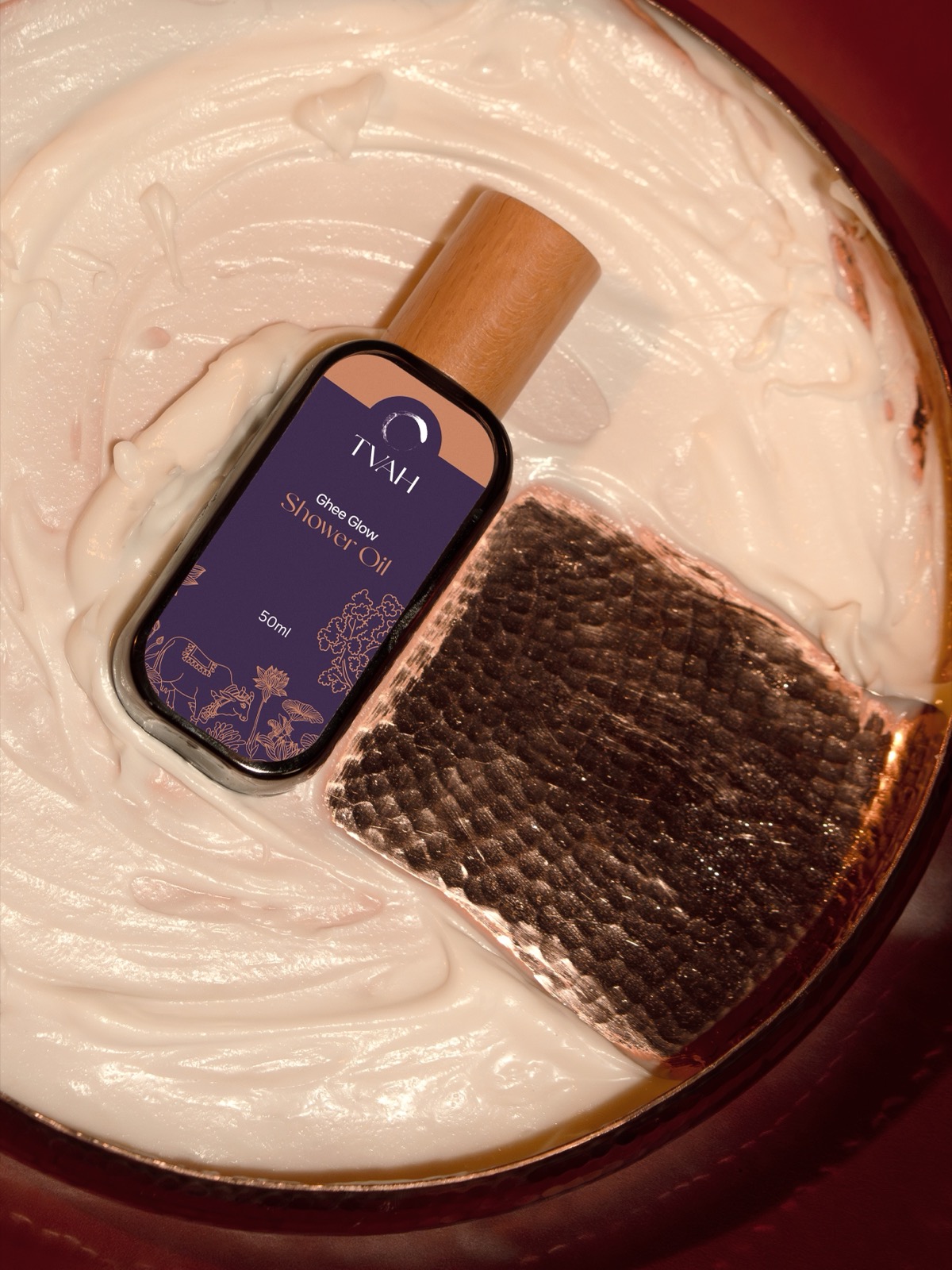 TVAH Shower Oil in copper vessel — the 100-wash ghee process